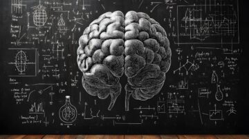 صورة توضح رسمًا تفصيليًا لدماغ بشري على خلفية سوداء تحتوي على معادلات علمية ورموز رياضية. تمثل الصورة العلاقة بين العلوم والذكاء، مما يعكس أهمية الفهم العلمي في مجالات متعددة مثل الطب والبحث.