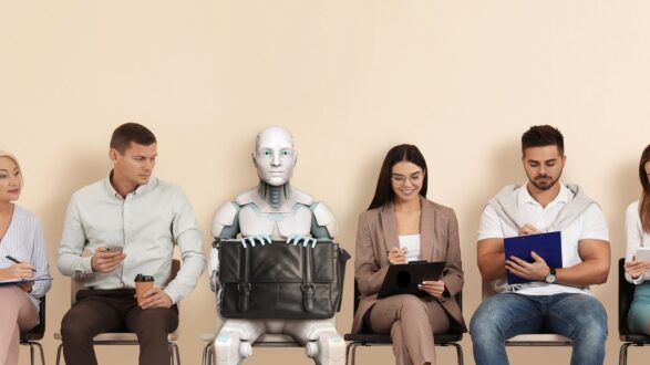 روبوت يجلس بين مجموعة من الأشخاص في قاعة انتظار. يظهر الروبوت بملامح بشرية، يحمل حقيبة سوداء، بينما يكتب الأشخاص الآخرون ملاحظات على دفاتر أو أجهزة لوحية. الأجواء تعكس تكنولوجيا المستقبل والتفاعل بين البشر والروبوتات.