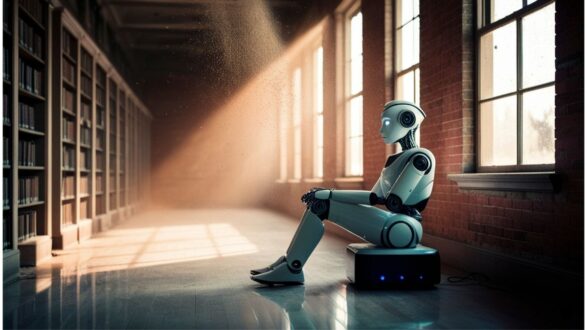 روبوت يجلس في مكتبة ذات إضاءة طبيعية، مع رفوف مليئة بالكتب في الخلفية. الجو هادئ ويشع ضوء الشمس من النوافذ، مما يضيف لمسة جمالية للمكان.