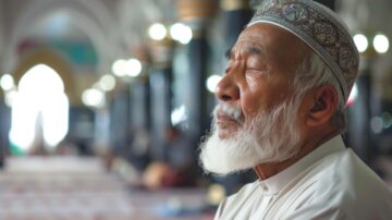 Elderly man with a white beard and traditional cap, eyes closed in a moment of prayer inside a mosque. Soft lighting and blurred background emphasize a peaceful atmosphere, capturing the essence of reflection and spirituality.