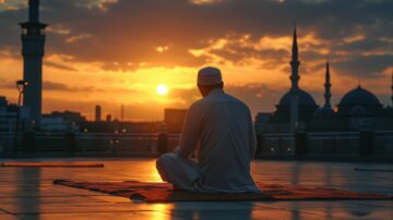 Person in traditional clothing sitting on a prayer rug at sunset, with mosque silhouettes in the background. The scene captures a moment of reflection and tranquility, highlighting the spiritual connection to the setting sun.
