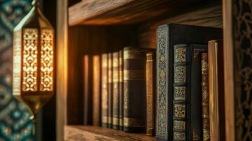 رفوف مكتبة خشبية تحمل مجموعة من الكتب ذات الأغلفة المزخرفة والذهبية، مع وجود مصباح تقليدي يتلألأ بجانبها، مما يخلق جواً دافئاً ومريحاً.