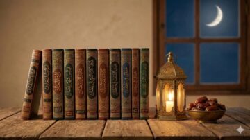مجموعة من الكتب الإسلامية القديمة مرتبة على طاولة خشبية، مع فوانيس مضاءة وقمر في السماء. يظهر في الصورة تمور في وعاء بجانب الفانوس، مما يخلق أجواء رمضانية دافئة.