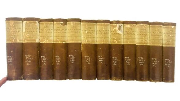 صفوف من الكتب القديمة ذات الأغلفة الجلدية البنية، تحتوي على عناوين مطبوعة بخط واضح. الكتب مرتبة بشكل عمودي، بعضها يظهر علامات تآكل.