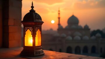 فانوس مزخرف مضاء في مقدمة الصورة مع غروب الشمس في الخلفية، تظهر المآذن والمعمار الإسلامي في الأفق، مما يخلق جوًا ساحرًا يعكس الثقافة العربية.