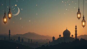 Silhouette of a beautiful mosque at sunset, featuring a crescent moon and hanging lanterns. The scene is set against a starry sky with mountains in the background, creating a serene and atmospheric landscape.