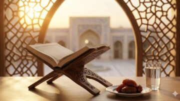 A serene setting with an open Quran, a glass of water, and dates bathed in warm sunlight, symbolizing the spiritual continuation of Fasting 6 days of Shawwal after Ramadan.