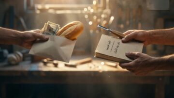 يد تُسلّم ظرفاً يحتوي على نقود ودائرة تُسلّم رغيف خبز وكتاب في ورشة عمل مضاءة بشكل خافت. تبرز الأيدي في المقدمة مع أدوات خلفية، تعبير عن تبادل القيم الأساسية بين المال والمعرفة والغذاء.