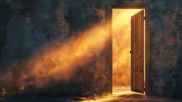 Wooden door slightly ajar, emitting warm golden light, set against a weathered wall with a hint of overgrown grass at the base, creating a mystical and inviting atmosphere.