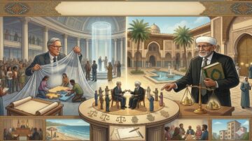 صورة توضح مشهدًا معقدًا في قاعة كبيرة، حيث يجتمع عدد من الأشخاص حول طاولة دوارة. على الطاولة، توجد تماثيل تمثل العدالة، بينما يقوم رجلان بالتفاوض. في الخلفية، يوجد جمهور يشاهد، وأشجار نخيل تزين المكان. الجانب الأيسر يظهر رجلًا يكشف عن لوحة تحتوي على قطع بازل، مما يرمز إلى التعاون. هذا المشهد يعكس أهمية الحوار والعدالة في المجتمع.