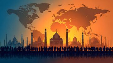 A silhouette of a diverse crowd standing before a global skyline of mosques and monuments, with a world map in the sunset sky, representing the collective testimony of the Muslim Ummah.