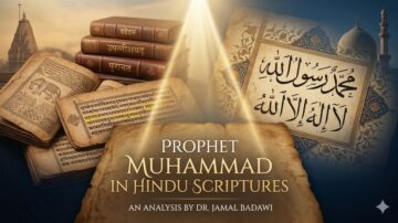 Image depicting a scholarly analysis titled "Prophet Muhammad in Hindu Scriptures" by Dr. Jamal Badawi. The background features ancient texts and manuscripts, including books labeled in different languages. Prominent Arabic calligraphy of the name Muhammad is displayed, alongside symbols representing Hindu scriptures. The overall theme emphasizes interfaith exploration and scholarly research.
