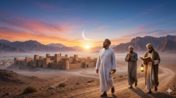 Illustration representing the state of the Salaf after Ramadan focusing on Quran and prayer.