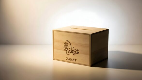 صندوق زكاة خشبي مزين بشعار زكاة، مع إضاءة خافتة تبرز تفاصيله، يوضع على سطح أملس.