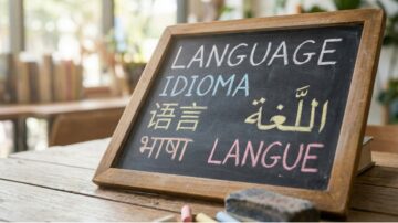 لوحة طباشيرية تعرض كلمة "لغة" بعدة لغات: الإنجليزية، الإسبانية، العربية، الصينية، الهندية والفرنسية، في بيئة تعليمية مريحة.