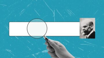 صورة توضح يد تمسك بمكبر للصوت تشير إلى مربع فارغ على خلفية زرقاء، مع صورة صغيرة لرجل مسن ذو لحية بيضاء على الجانب. تعكس هذه الصورة البحث عن المعلومات أو التركيز على موضوع معين.