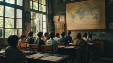 طلاب يجلسون في فصل دراسي قديم، يواجهون سبورة كبيرة تحتوي على خريطة العالم. أشعة الشمس تتسلل عبر النوافذ، مما يخلق جوًا دافئًا وهادئًا. الجدران مزينة بملصقات تعليمية وصور تاريخية.