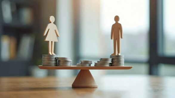 شخصيتان خشبيتان، امرأة ورجل، واقفتان على كومتين من العملات المعدنية، مما يُظهر الفجوة في الأجور أو المساواة بين الجنسين. تبرز الصورة في بيئة مكتبية، مع إضاءة طبيعية، مما يعكس موضوع العدالة المالية والمساواة.