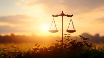 ميزان قانوني يقف في حقل أخضر تحت أشعة الشمس الذهبية. يرمز إلى العدالة والمساواة في إطار طبيعي. خلفية تتضمن غيوم وسماء مشرقة.