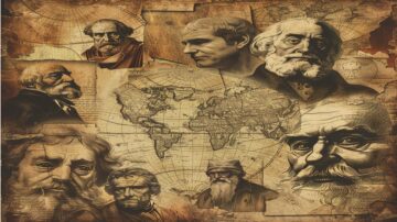 خريطة عالمية قديمة محاطة برؤوس شخصيات تاريخية بارزة، تتضمن تعبيرات وجه متنوعة تعكس الحكمة والمعرفة، مع تفاصيل معمارية قديمة في الخلفية.