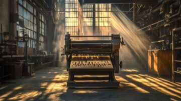 آلة طباعة قديمة في ورشة صناعية، مضاءة بأشعة الشمس التي تتسلل من النوافذ. تسلط الأضواء على تفاصيل الآلة، مما يبرز الأجواء التاريخية للمكان.