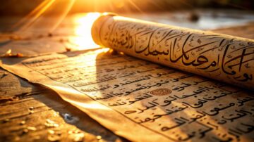 نص عربي مكتوب بخط جميل على ورقة قديمة، مع وجود ضوء الشمس يسقط عليها من الخلف، مما يبرز التفاصيل الدقيقة للكتابة.