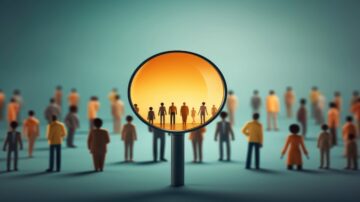 عدسة مكبرة تبرز مجموعة من الأشخاص داخلها، بينما يظهر خلفهم حشد كبير من الناس بألوان متنوعة. تعكس الصورة مفهوم التركيز على الأفراد وسط الزحام، مما يبرز أهمية التمييز والتفاعل الاجتماعي.