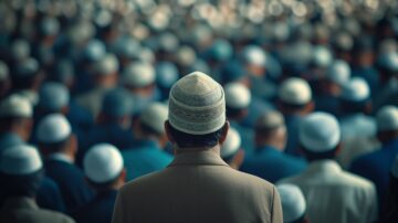 رجل يرتدي قبعة تقليدية، يقف في مقدمة حشد كبير من الرجال يجسد خصائص الأمة الإسلامية، يظهر تنوعاً عرقياً للمسلمين من مختلف بقاع الأرض