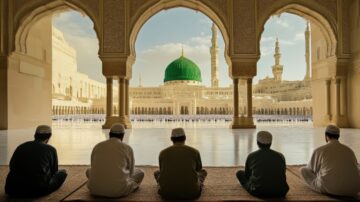 مسلمون يجلسون في المسجد النبوي بالمدينة المنورة، مع رؤية القبة الخضراء والمآذن. يعبّر المشهد عن روحانية الإسلام وجمال العمارة الإسلامية.