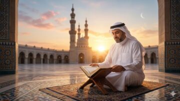 رجل مسلم يجلس في ساحة مسجد هادئة يقرأ القرآن الكريم وقت الشروق، تعبيراً عن الاستقامة على الطاعة والمداومة على الأعمال الصالحة طوال العام