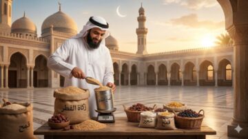 رجل بزي عربي يقوم بوزن زكاة الفطر باستخدام الصاع النبوي، مع أكياس من القمح والشعير والتمر أمام مسجد في وقت الشروق، تعبيراً عن أحكام أداء زكاة الفطر