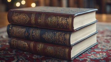 Three ornate, leather-bound books stacked on a decorative rug. The books feature intricate gold detailing on the covers, suggesting a focus on religious or historical texts. Soft lighting in the background enhances the cozy atmosphere.