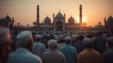 مصلون يقفون في صفوف أمام مسجد جامع في دلهي عند غروب الشمس، مع قبابه ومآذنه البارزة في الأفق. الأجواء تعكس روحانية اللحظة.