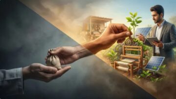 صورة توضح تحول الاستثمارات المستدامة، حيث تظهر يد تسلم كيس نقود ليد أخرى تحمل نبتة. في الخلفية، مشهد يعكس الابتكار البيئي مع كراسي صديقة للبيئة وألواح شمسية، مما يعكس أهمية التمويل الأخضر في دعم المشاريع المستدامة.