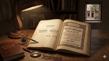 كتاب مفتوح على طاولة خشبية بجانب مصباح، يحتوي على نصوص باللغة العربية. خلفية الصورة تظهر مكتبة قديمة ونوافذ تطل على منظر خارجي يتضمن أشجار. نظارات وقلم موضوعة بجانب الكتاب، مما يضفي جوًا دراسيًا.
