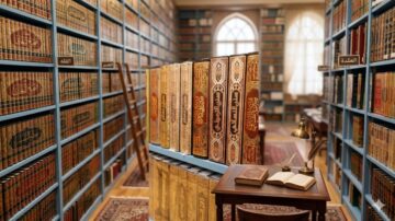 أمهات كتب الحديث والسنة النبوية مثل صحيح مسلم وسنن الترمذي مصطفة على رف مكتبة، تعبيراً عن مصادر التشريع والفهم الصحيح للسنة النبوية ومكانة فهوم الصحابة لها.