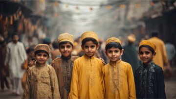 صورة معبرة عن مشروعية الأعياد في الإسلام تظهر مجموعة من المسلمين يحتفلون بفرح وبهجة أمام مسجد، مع أطفال يلعبون، تجسيداً للحكم السامية والأهداف الجليلة للعيد وصلة الرحم