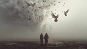 صورة فنية تعبيرية تجسد نعمة استقرار الأمن، تظهر شخصين يتأملان أسراباً من الحمام الأبيض المحلق في سماء صافية تتبدد منها سحب الخوف، مما يرمز إلى السكينة والطمأنينة النفسية والاجتماعية