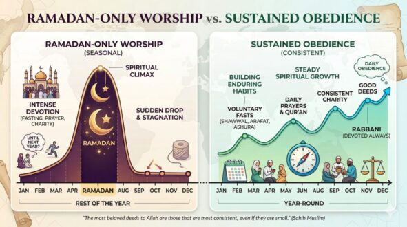 Comparison of Ramadan-only worship and sustained obedience throughout the year. The chart illustrates Ramadan as a peak period of intense worship, fasting, and prayer, contrasted with ongoing spiritual practices including daily prayers, charity, and consistent growth in faith. Key elements include seasonal intensity during Ramadan versus a steady commitment to good deeds and spiritual habits year-round.