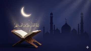 Open Quran on a wooden stand with a crescent moon and a silhouette of mosques in the background. Arabic text reads "Laylat al-Qadr is better than a thousand months," highlighting the significance of this night in Islamic tradition. Soft, glowing stars enhance the serene atmosphere.
