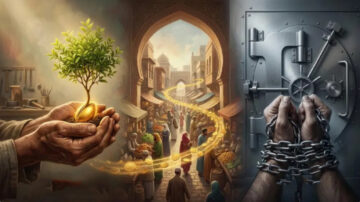 صورة تعبر عن التباين بين النمو والقيود. في الجهة اليسرى، يد تحمل شجرة صغيرة تنمو من عملات ذهبية، مما يرمز إلى الاستثمار والازدهار. في الجهة اليمنى، أيد مقيدة بسلاسل أمام باب خزنة مغلقة، مما يعكس الشعور بالعجز والحبس. في الوسط، مشهد سوق حيوي مليء بالناس، يعكس النشاط التجاري والحياة اليومية.