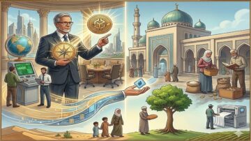 صورة توضح مشهدًا مقسمًا إلى قسمين. في الجهة اليسرى، رجل أعمال يرتدي بدلة يجلس أمام حاسوب ويعرض رموز العملات الرقمية، مع خلفية لمدينة حديثة. في الجهة اليمنى، مشهد تقليدي يتضمن عائلات تتاجر في سوق، وأشخاص يستخدمون آلات حديثة، مع شجرة في المنتصف تمثل النمو. الصورة تعكس التوازن بين التكنولوجيا والاقتصاد التقليدي.