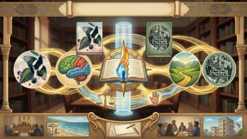 صورة توضح تفاعل بين عناصر مختلفة، تشمل كتاب مفتوح مشع، طائر، دماغ، مناظر طبيعية، ورموز العدالة. الخلفية تحتوي على مكتبة، مما يعكس موضوع المعرفة والتعلم. التصميم يجمع بين العلوم والفنون، مما يبرز أهمية التوازن بين العقل والطبيعة.