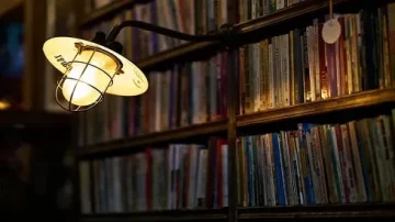 Lampe vintage éclairant une bibliothèque en bois, avec des étagères remplies de livres colorés. Ambiance chaleureuse et cosy, idéale pour la lecture.