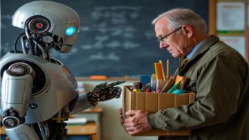 رجل مسن يحمل صندوقاً مليئاً بالأدوات المكتبية، يقف أمام روبوت يظهر تعبيرًا جادًا. خلفية الفصل الدراسي تحتوي على سبورة. تعبر الصورة عن العلاقة بين التكنولوجيا والتعليم.