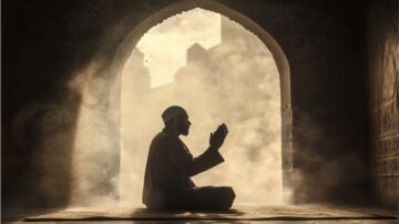 رجل مسلم يجلس في وضعية صلاة داخل قوس معمارية، محاط بأجواء روحية وضوء خافت. يُظهر الصورة لحظة تأمل وعبادة، تعكس التقاليد الإسلامية.