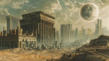 صورة لمدينة مستقبلية مهجورة تضم معبدًا قديمًا مهيبًا محاطًا بأطلال وناطحات سحاب حديثة. تتوسط المشهد سماء مليئة بالسحب وكوكب كبير يضيء في الخلفية، مما يخلق تباينًا بين الحضارات القديمة والتكنولوجيا الحديثة.