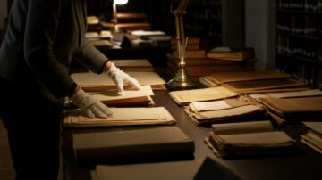 يد تظهر وهي ترتب أوراق ومستندات قديمة على طاولة في مكتبة مضاءة. تبرز الأضواء الدافئة تفاصيل الوثائق، بينما تخلق الأجواء الهادئة إحساسًا بالتراث والمعرفة.