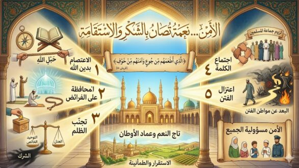 صورة توضيحية تتناول أهمية الأمان في المجتمع الإسلامي. تتضمن عناصر مثل الاعتصام بحبل الله، الحفاظ على القرآن، تجنب الظلم، اجتماع الكلمة، ونتائج النعم وعدا الأوطان. تظهر المعالم الإسلامية في الخلفية، مما يبرز القيم الروحية والاجتماعية.