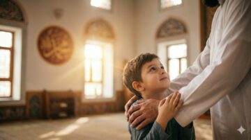 رجل يرتدي زياً أبيض يحتضن طفلاً يتيماً بلمسة حانية داخل مسجد، مع إضاءة شمس دافئة تعبر عن الرحمة وكفالة اليتيم والإحسان إليه في الإسلام.